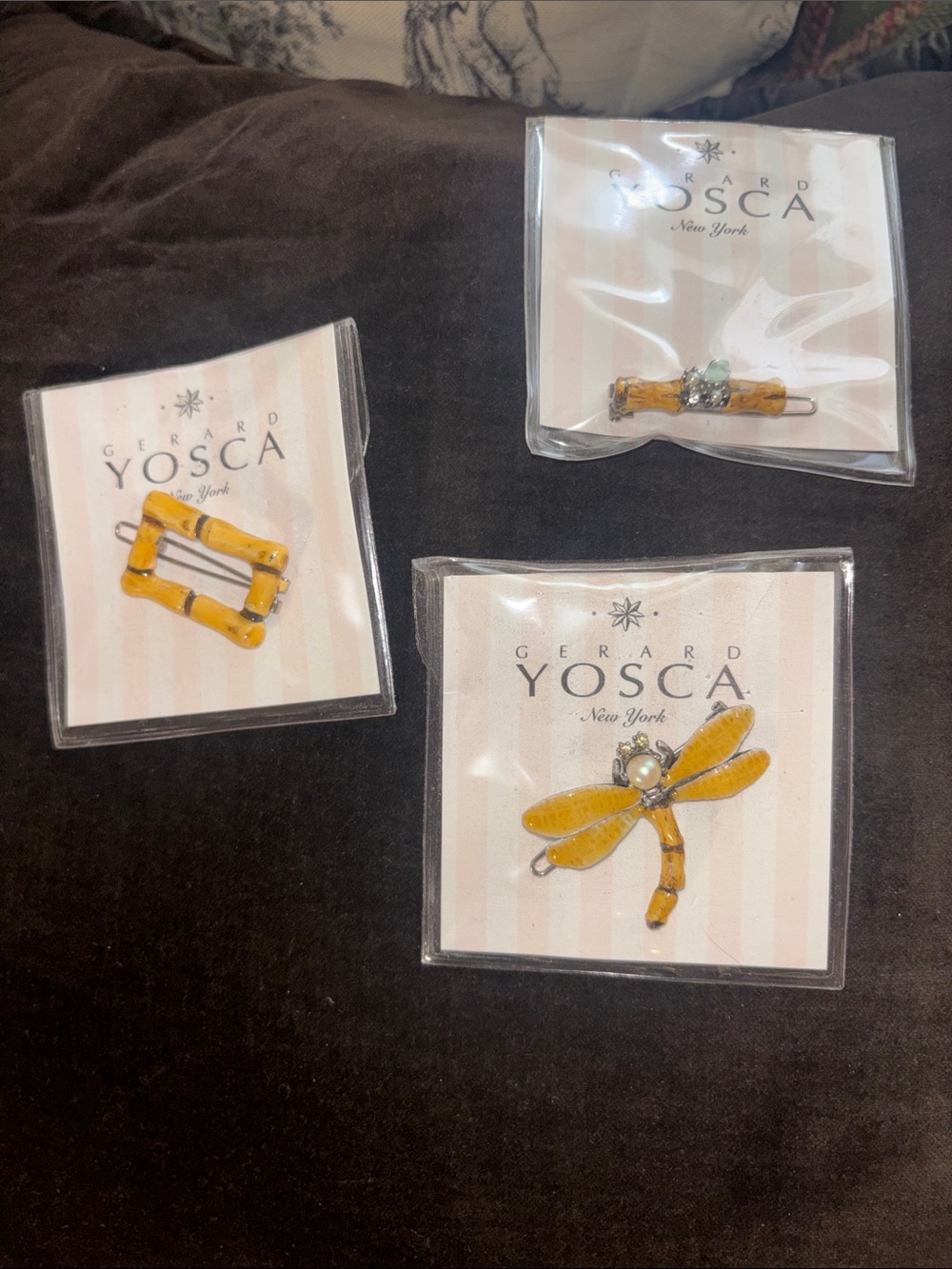 Gerard Yosca Yellow Enamel Dragonfly & Bamboo Hair Barette Set